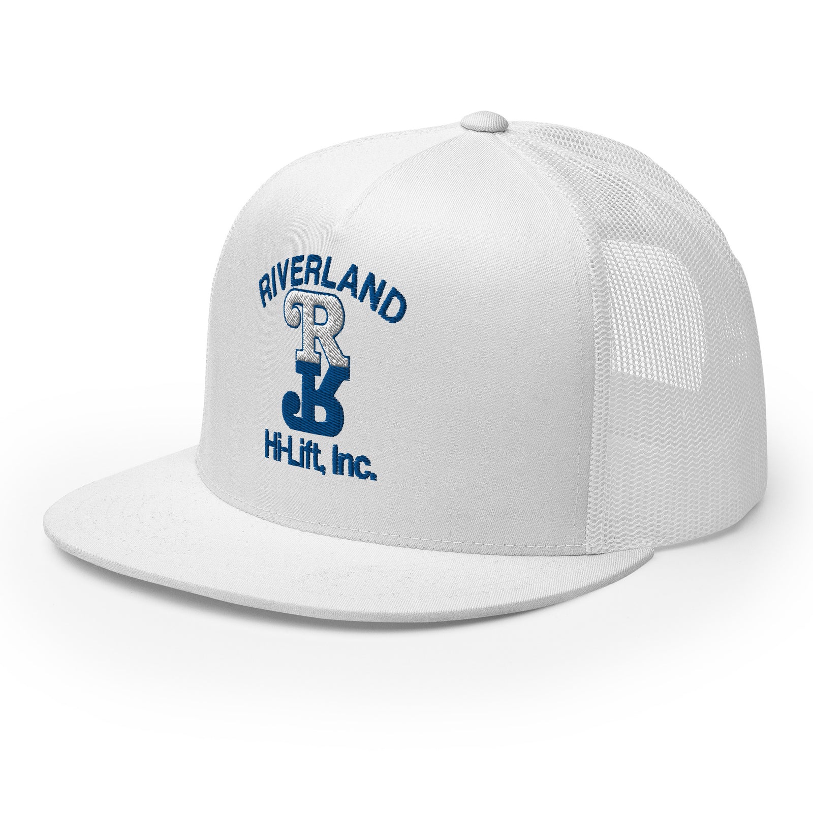 A white trucker cap with the embroidered logo 'RIVERLAND Hi-Lift, Inc.' in blue on the front pane that Gary Plauché wore in 1984.