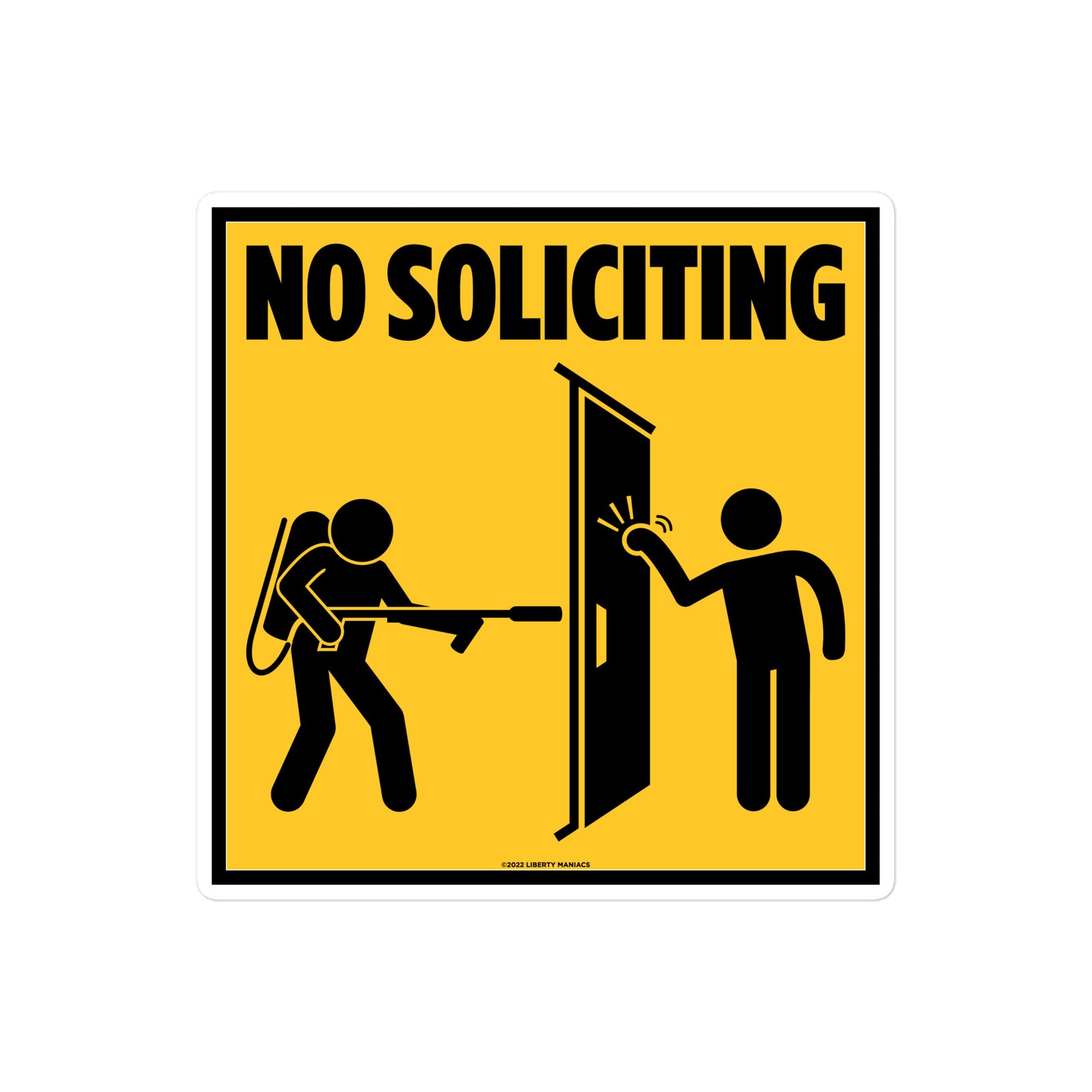 No Soliciting sticker with cartoon characters on a yellow background
