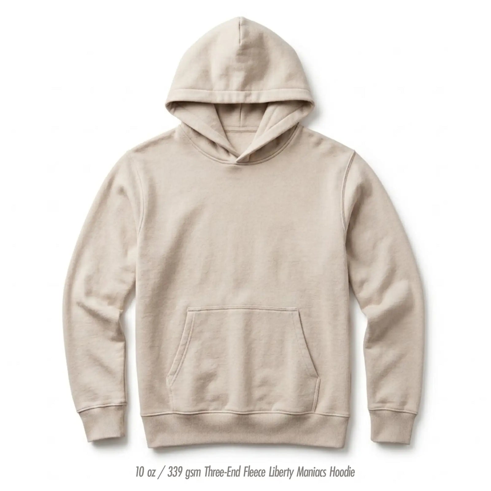 A light beige pullover hoodie with a front kangaroo pocket, displayed flat against a white background with a small text overlay at the bottom.