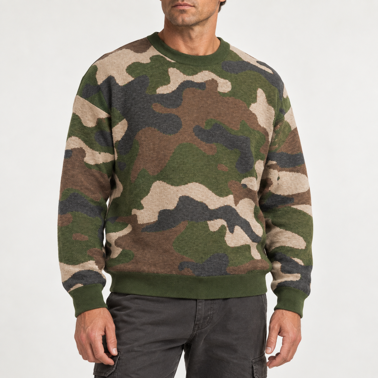 Woodland Retreat Camo Relaxed Fit Knitted Crew Neck Sweater