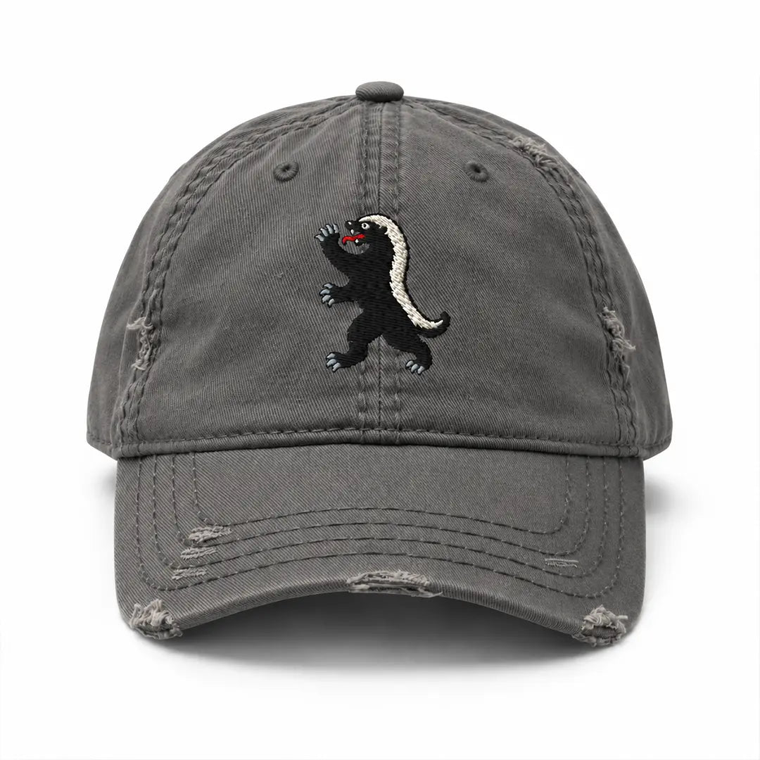 Heraldic Honey Badger Distressed Hat in Charcoal Grey, front view with embroidered badger emblem and frayed curved brim