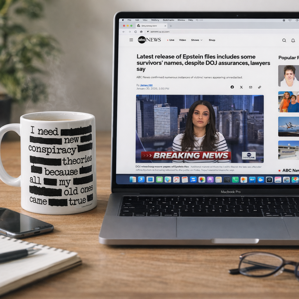 Laptop on a desk with a mug and glasses, displaying a news article about Epstein files. White ceramic mug with text pattern depicting a humorous conspiracy theory statement "I need new conspiracy theories because all my old ones came true."
