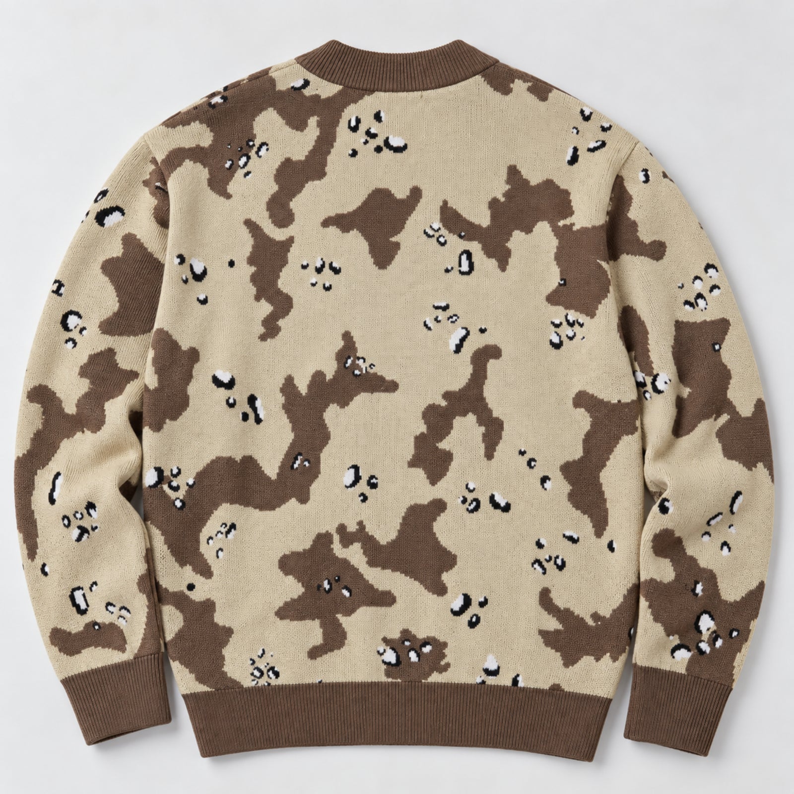 Desert Storm Camo Knitted Cardigan lying flat showing the back side