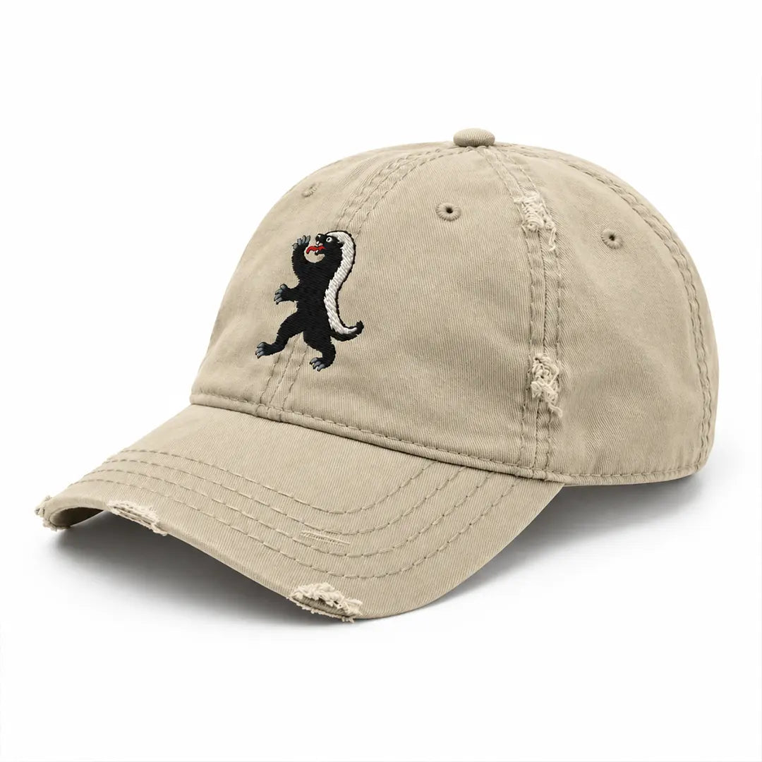 Khaki honey badger embroidered cap, three-quarter view showing cotton twill texture, curved bill, and distressed seams