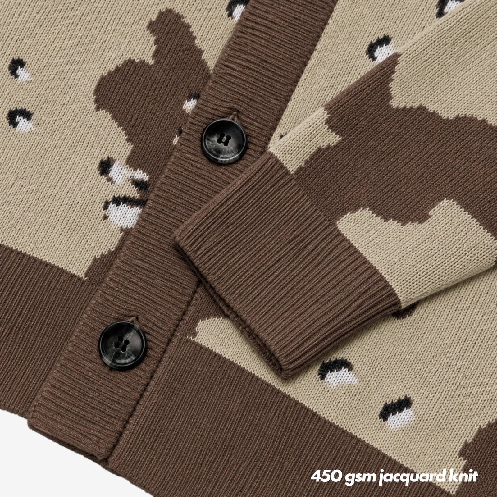 Desert Storm Camo Knitted Cardigan close up photo