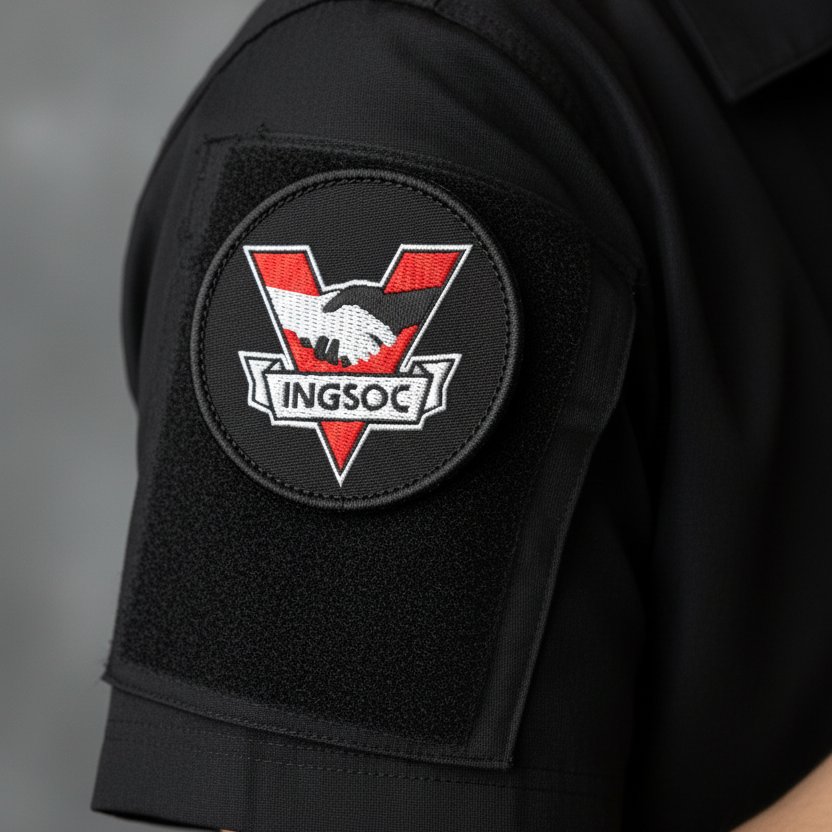Black sleeve with a Kingsoc patch on a gray background