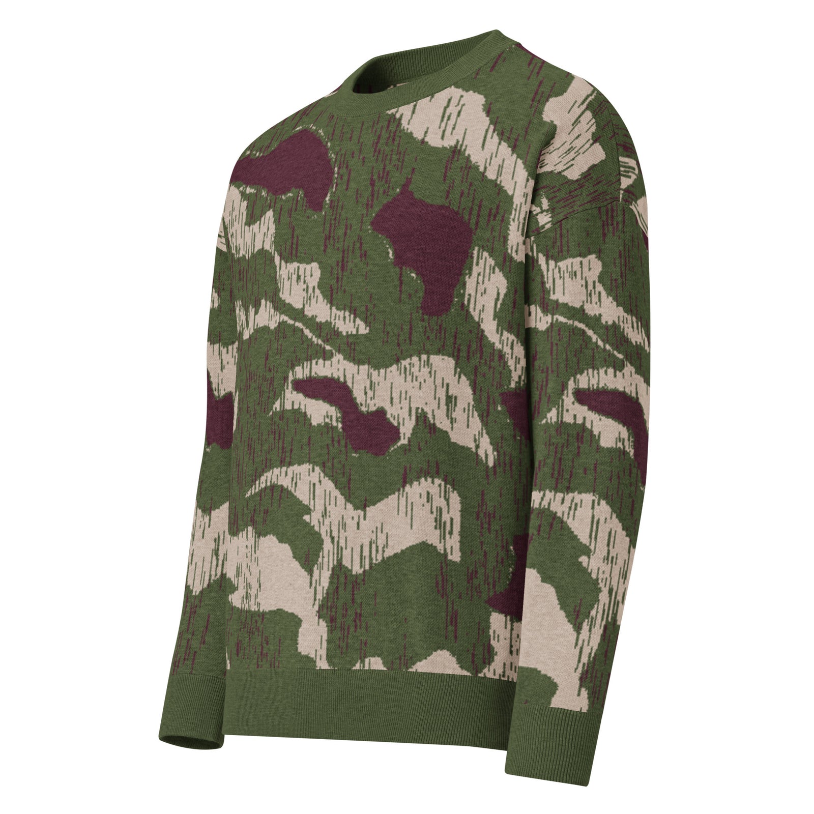 Camouflage-patterned sweater on a white background