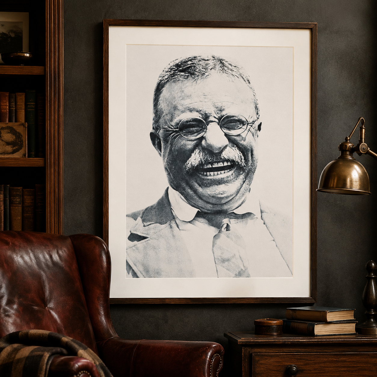 A framed black and white portrait print of a smiling man with glasses, displayed on a dark wall above a brown leather armchair in a styled room with a brass lamp and books.