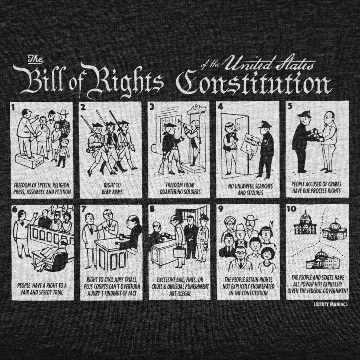 The Bill of Rights of the Constitution illustrated tri-blend t-shirt in close up by Liberty Maniacs. Printed on a heather black tri-blend t-shirt.