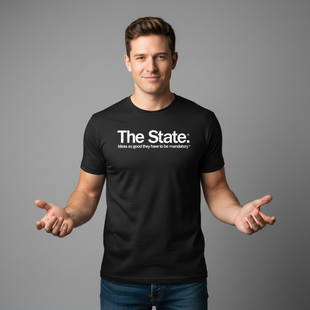 Man wearing a black t-shirt from Liberty Maniacs that says "THE STATE. IDEAS SO GOOD THEY HAVE TO BE MANDATORY" written in white text.