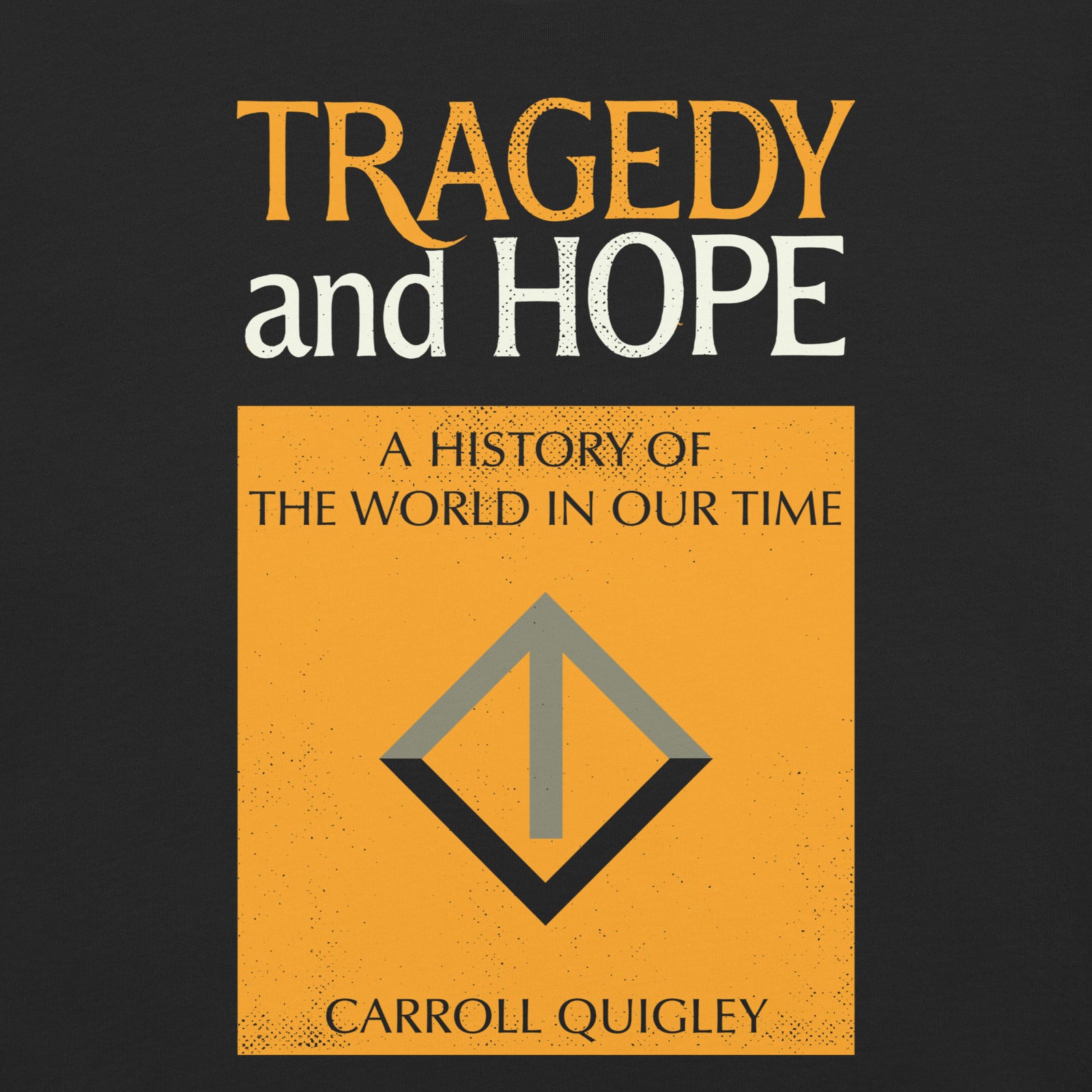Close-up of Tragedy and Hope book cover design printed on black cotton tee.
