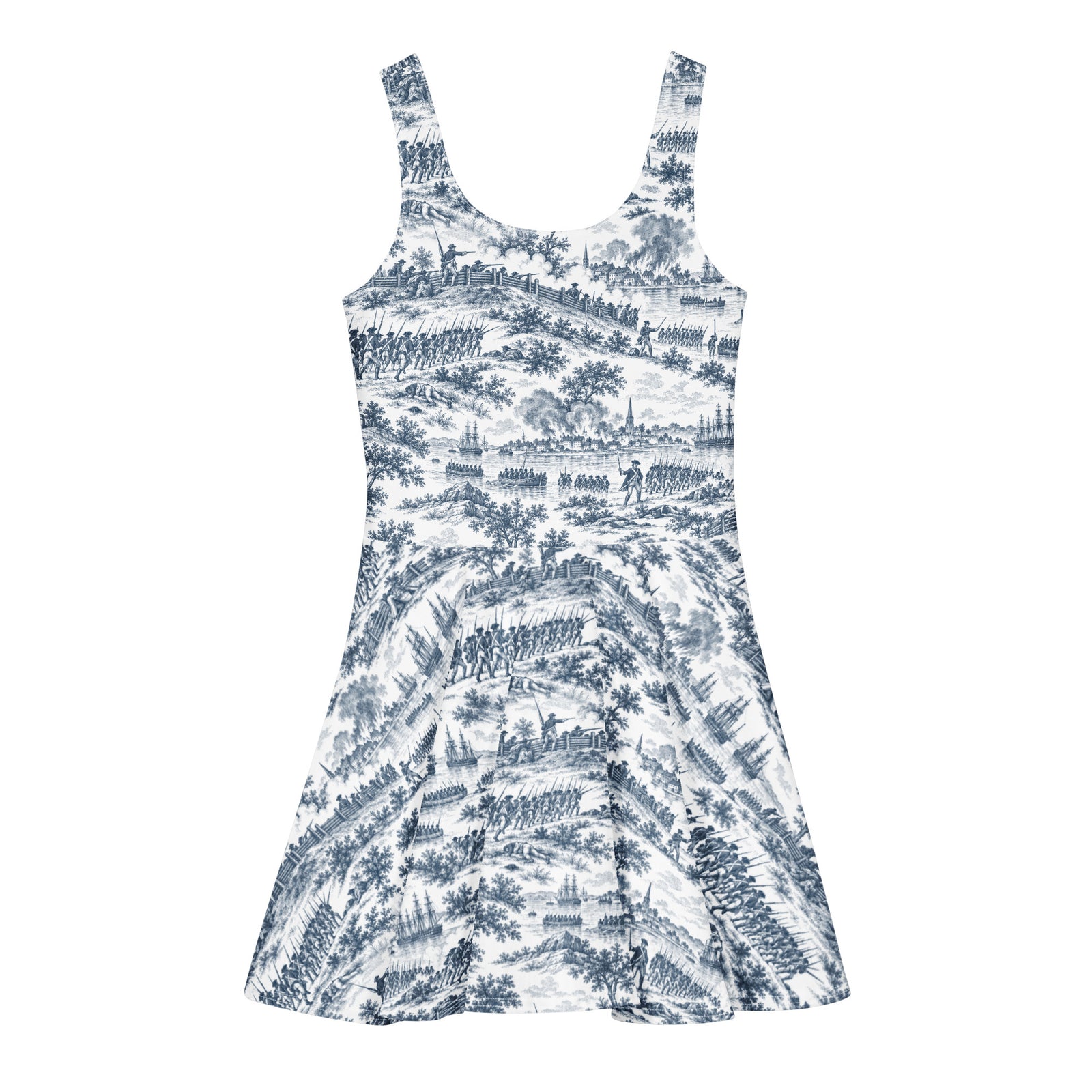 Back product view showing the Battle of Bunker Hill toile pattern across the cotton skater dress