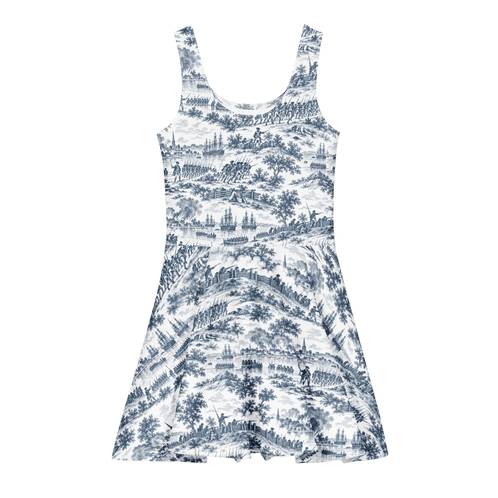 Front product view of the Battle of Bunker Hill cotton skater dress with fitted bodice and flared skirt