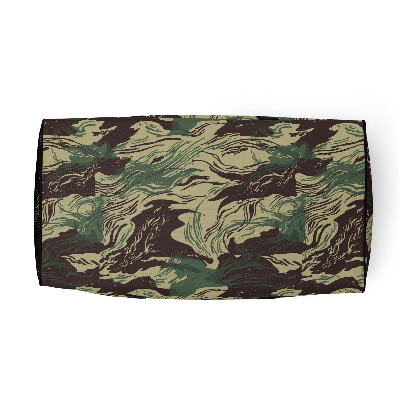 Rhodesian Brushstroke Camouflage Duffle Bag bottom view showing camo fabric and bag shape