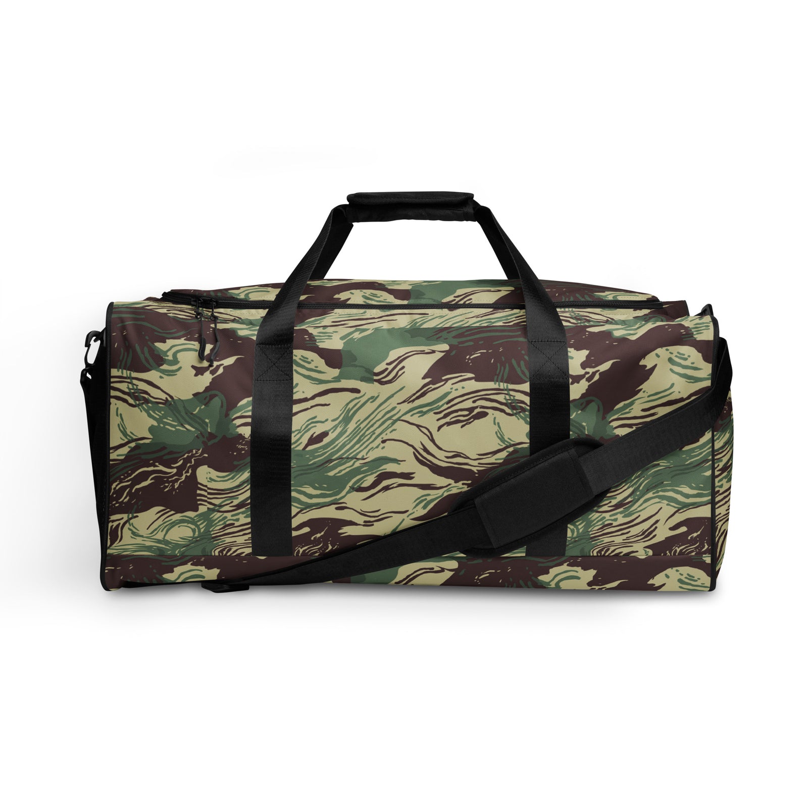Rhodesian Brushstroke Camouflage Duffle Bag front view with brown and green camo pattern