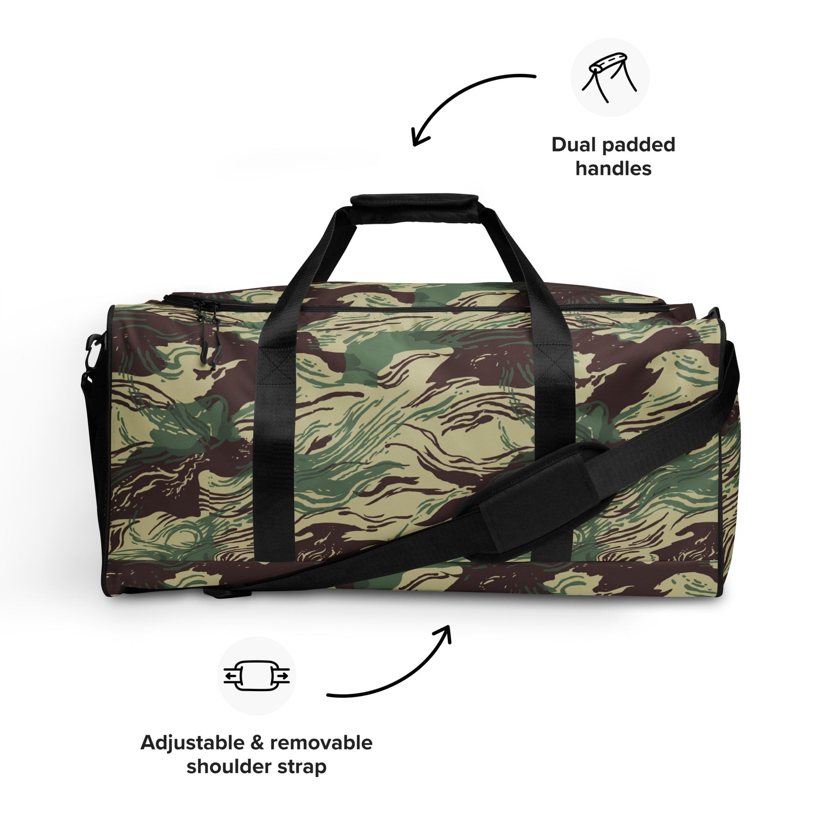 Rhodesian Brushstroke Camouflage Duffle Bag front product view, handmade camo travel bag