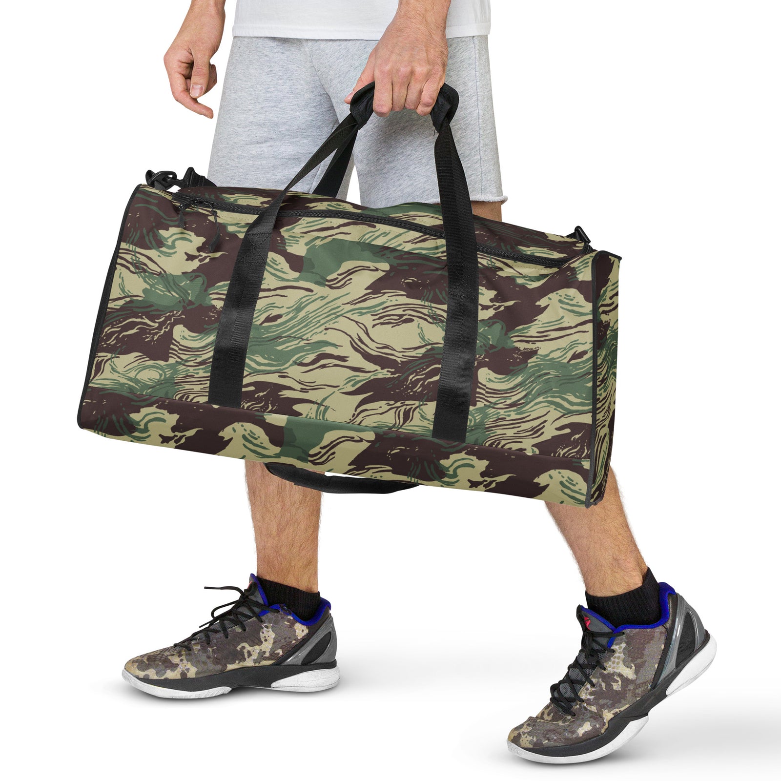 Rhodesian Brushstroke Camouflage Duffle Bag front view, camo gym and travel bag