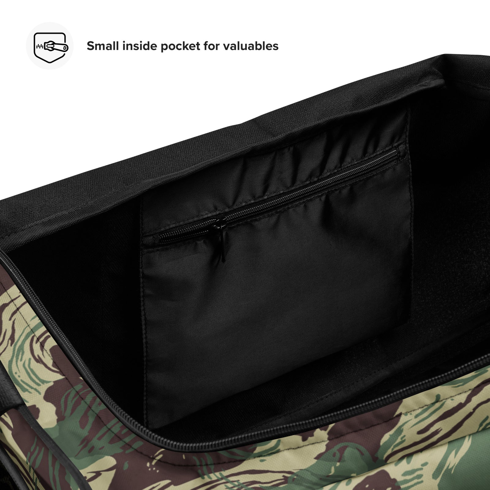Rhodesian Brushstroke Camouflage Duffle Bag close-up showing polyester fabric and hardware