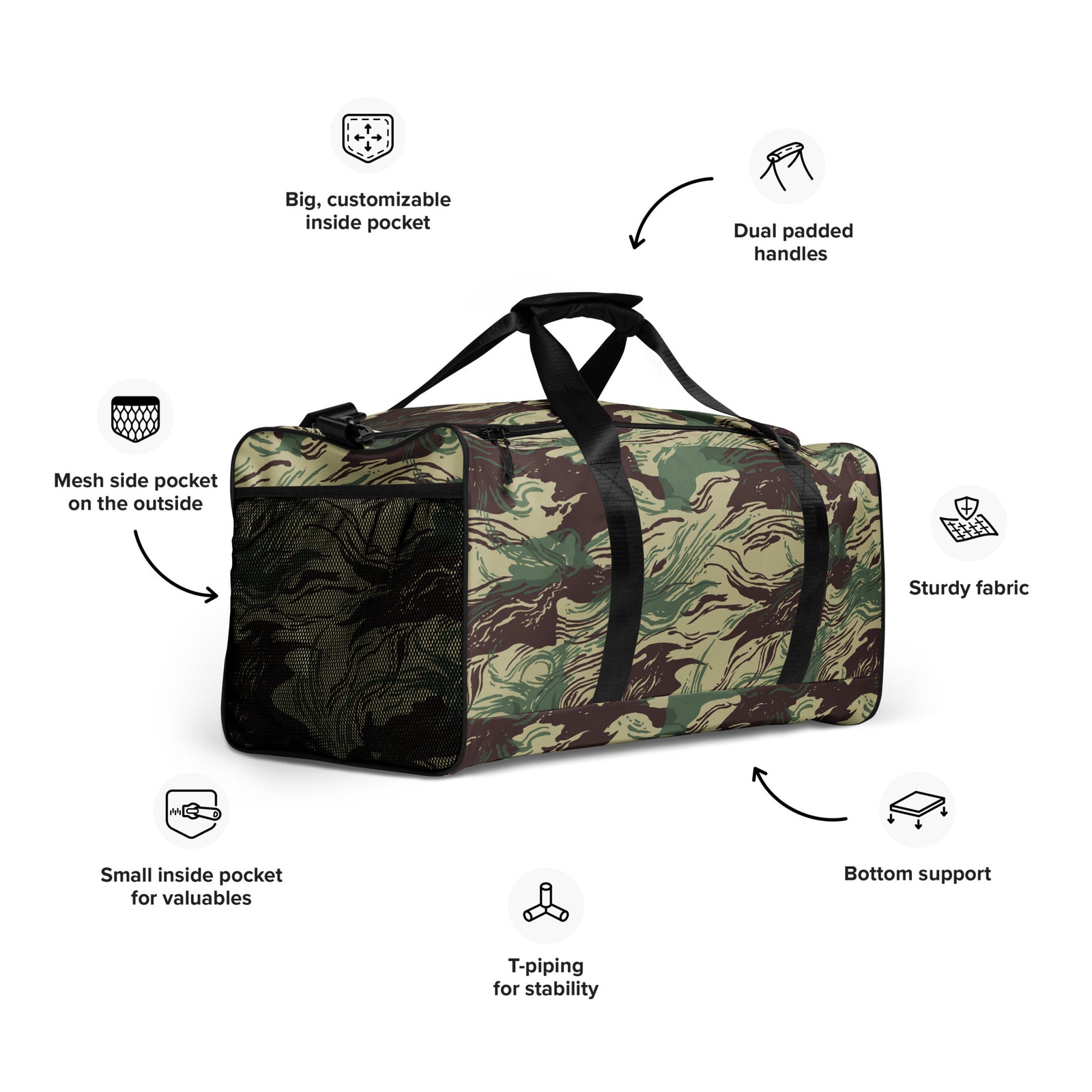 Rhodesian Brushstroke Camouflage Duffle Bag right front view with all-over camouflage print