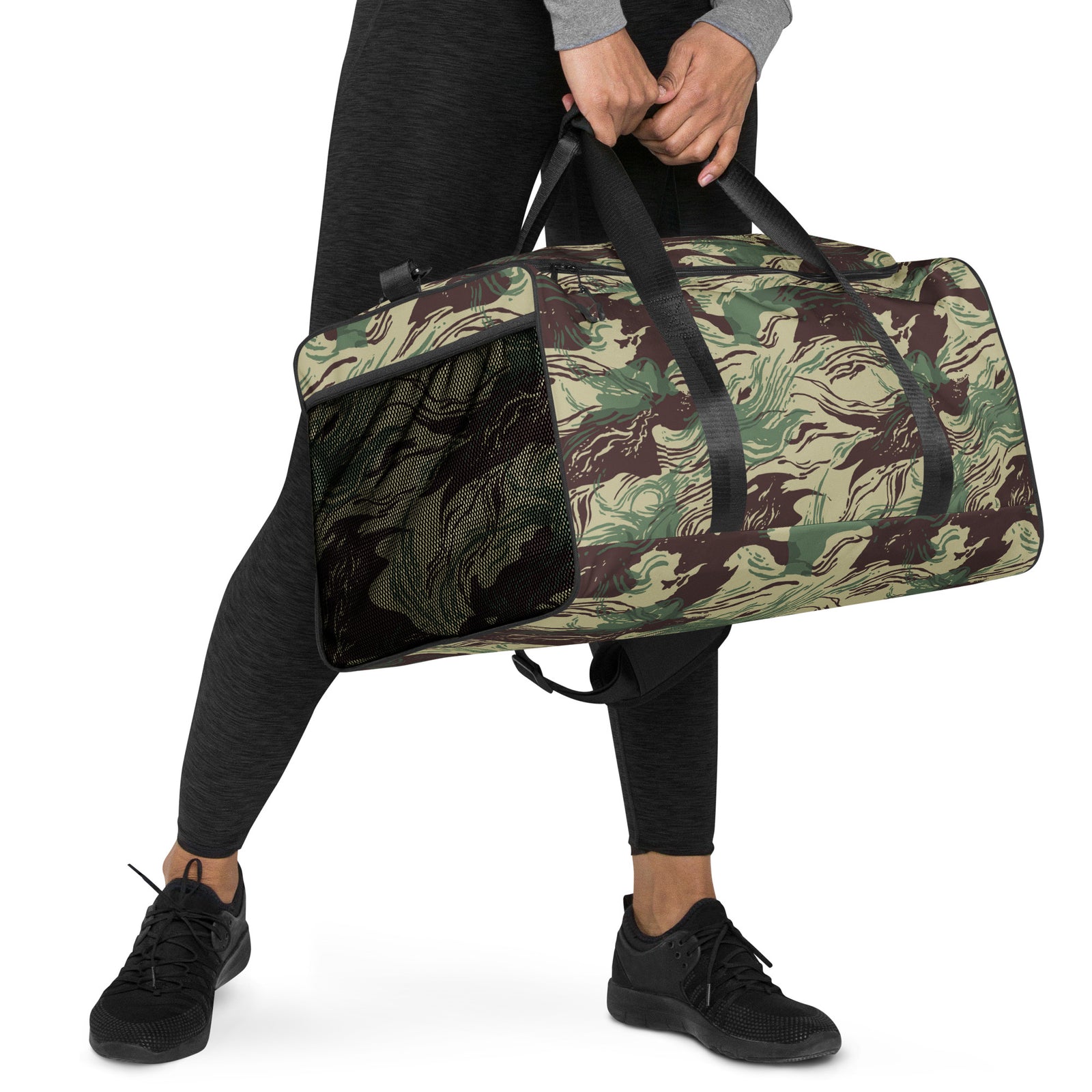 Rhodesian Brushstroke Camouflage Duffle Bag right front view showing mesh side pocket