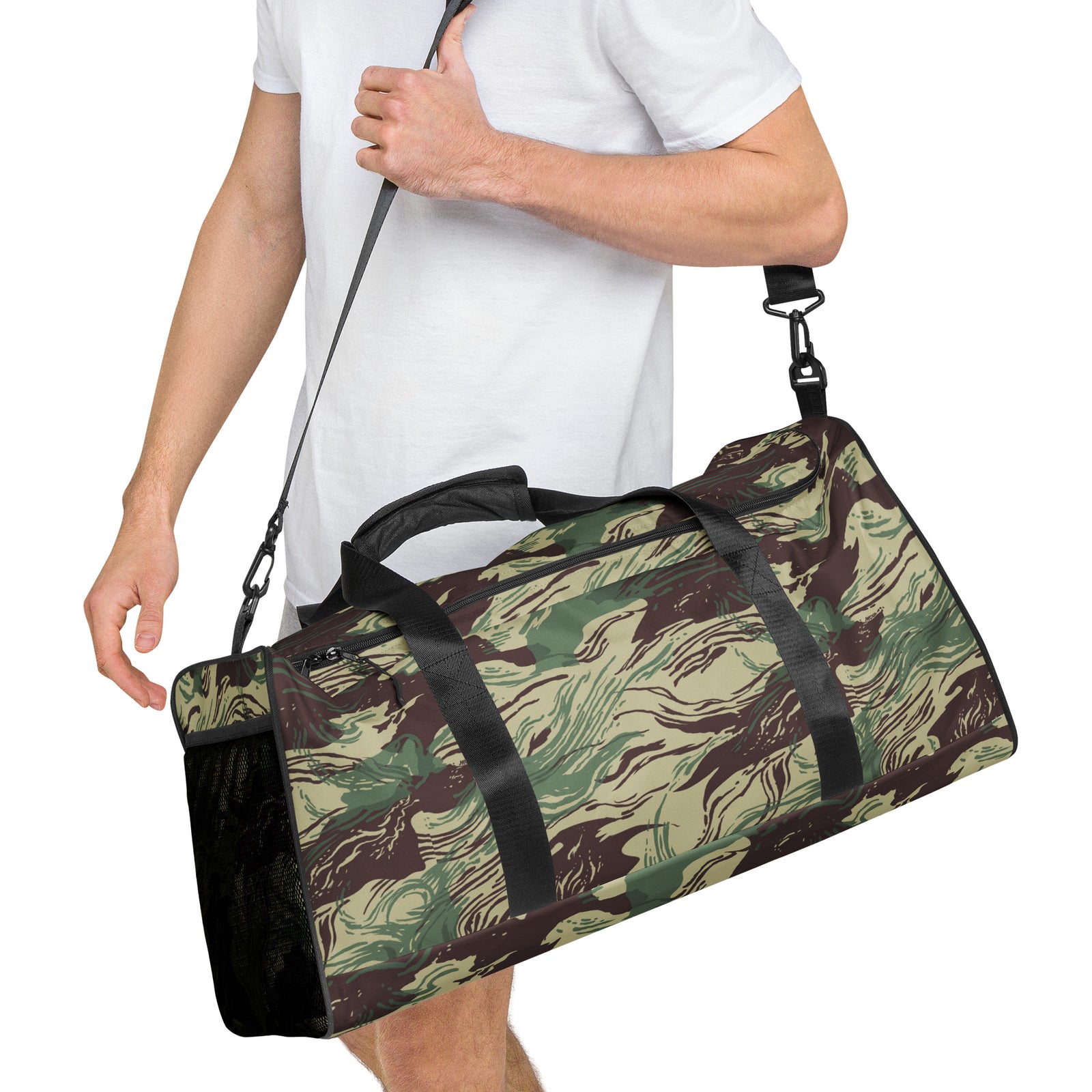 Rhodesian Brushstroke Camouflage Duffle Bag angled view with adjustable padded shoulder strap