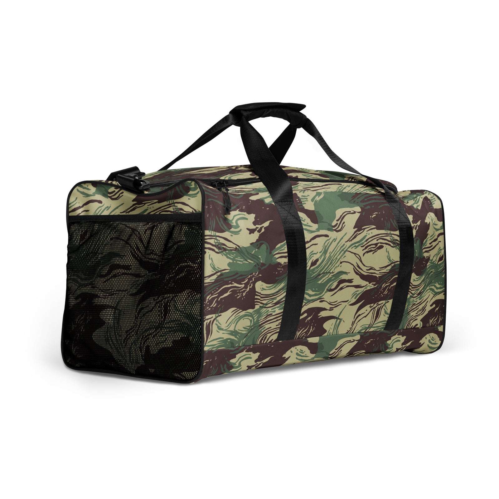 Rhodesian Brushstroke Camouflage Duffle Bag right front view with brushstroke camo pattern