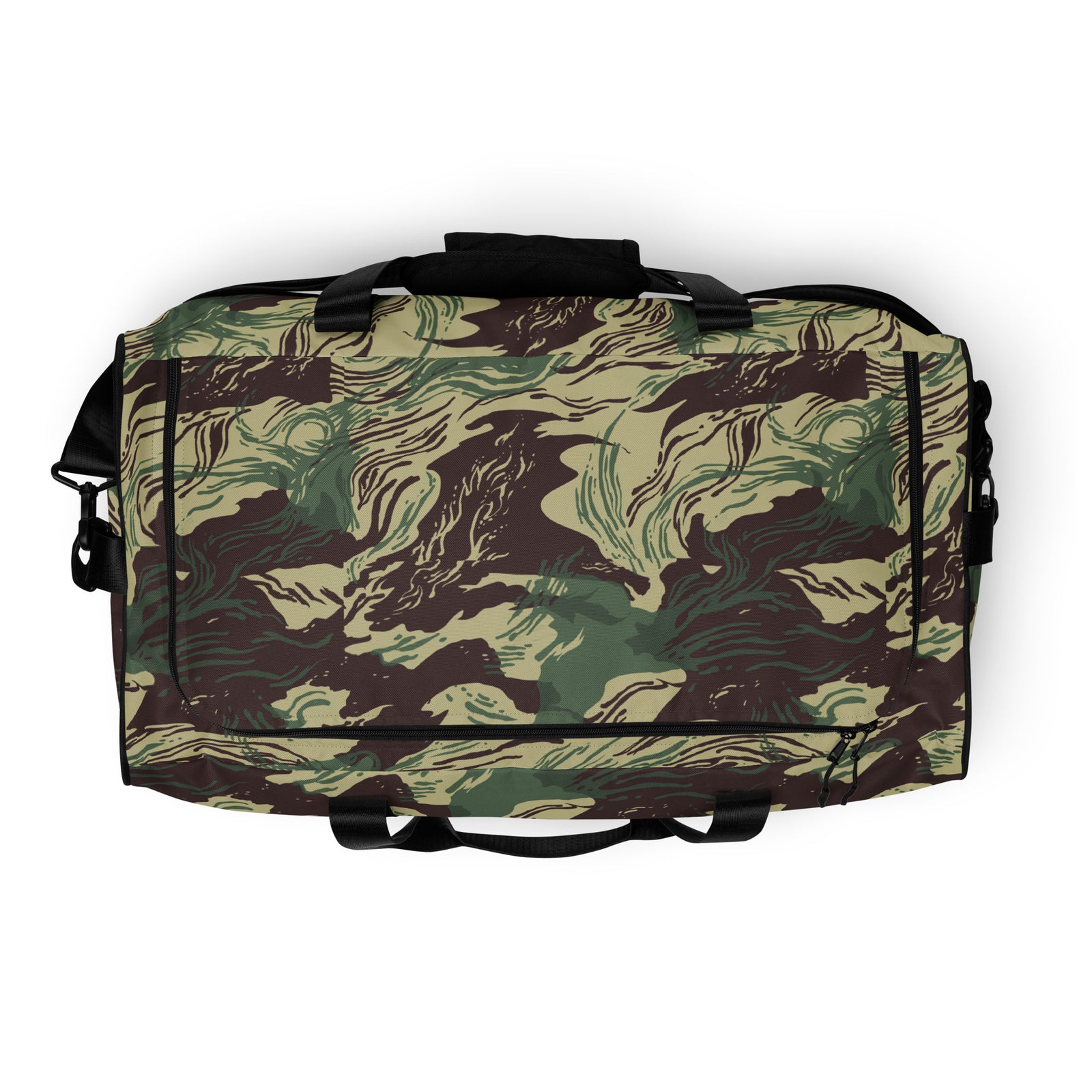 Rhodesian Brushstroke Camouflage Duffle Bag top view with zipper and carrying handles