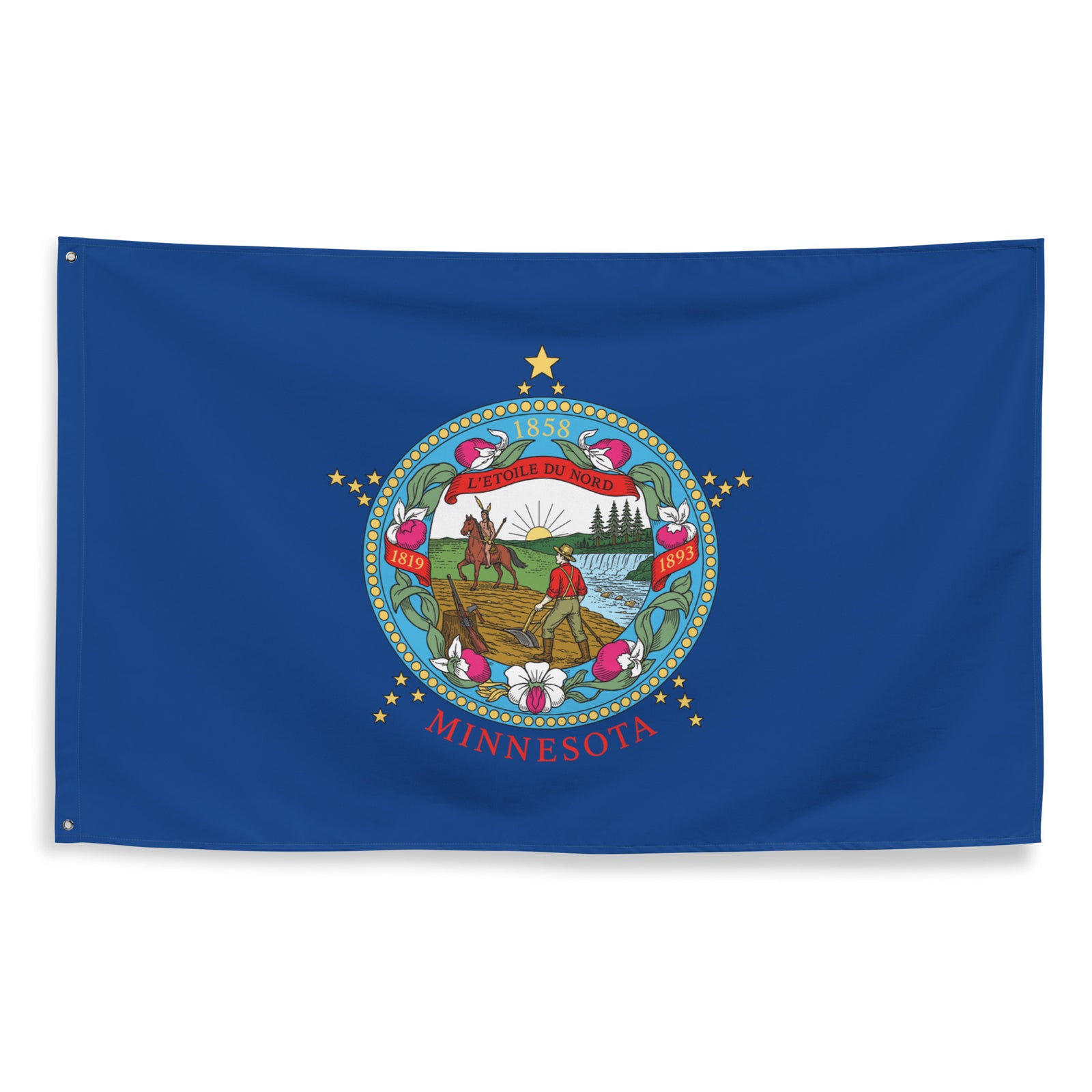 Minnesota state flag with a blue background and colorful seal in the center.