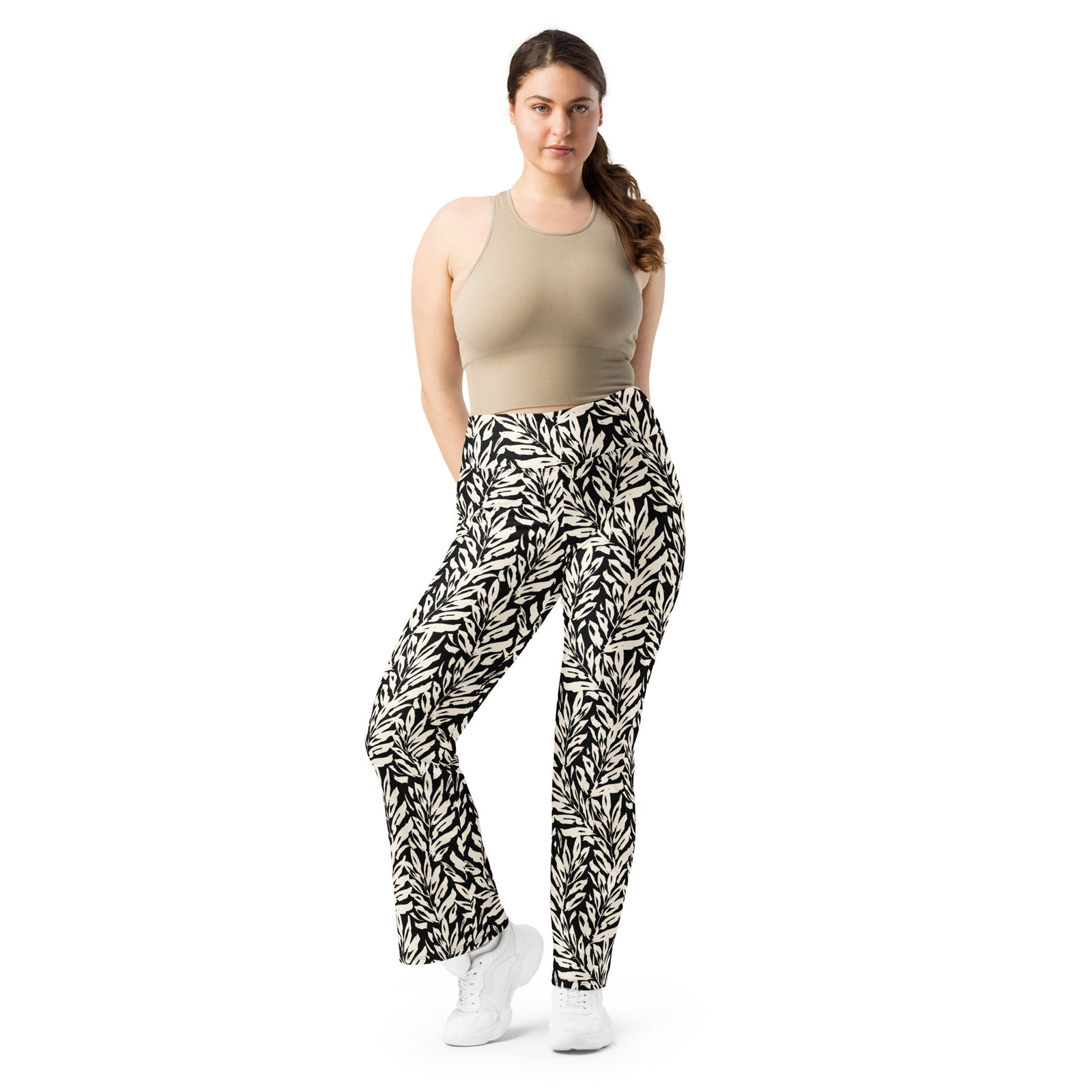 Khaki Leaf Kickers High-Waisted Butt-Lifting Flared Leggings
