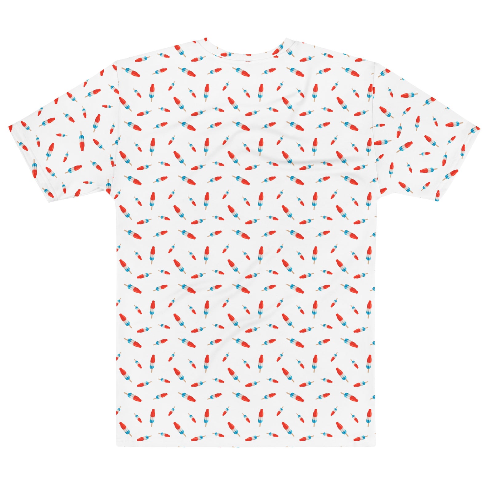 White t-shirt Bomb Pop cotton patterned t-shirt with red and blue pattern on a white background