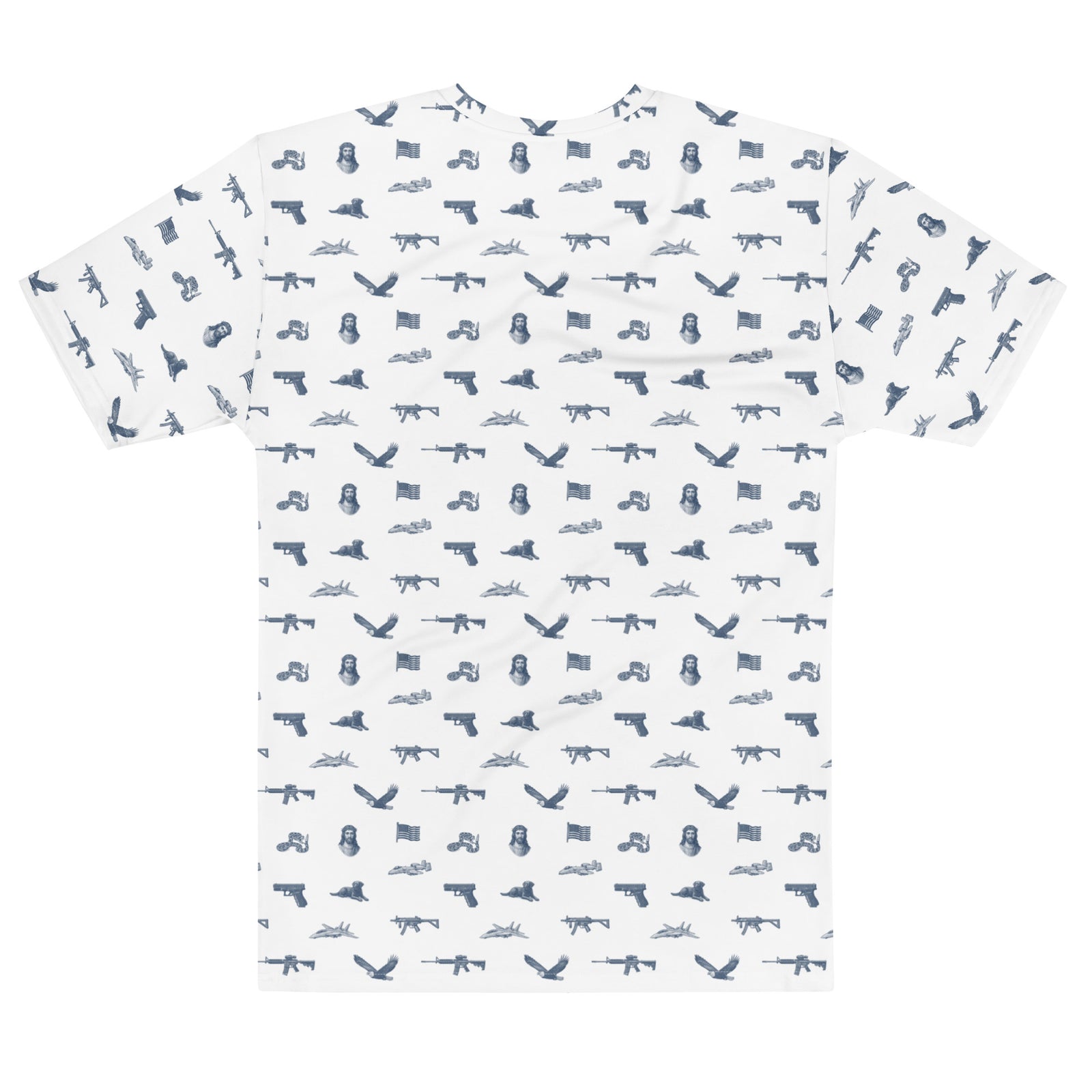 White t-shirt with blue gun and flag pattern on a white background