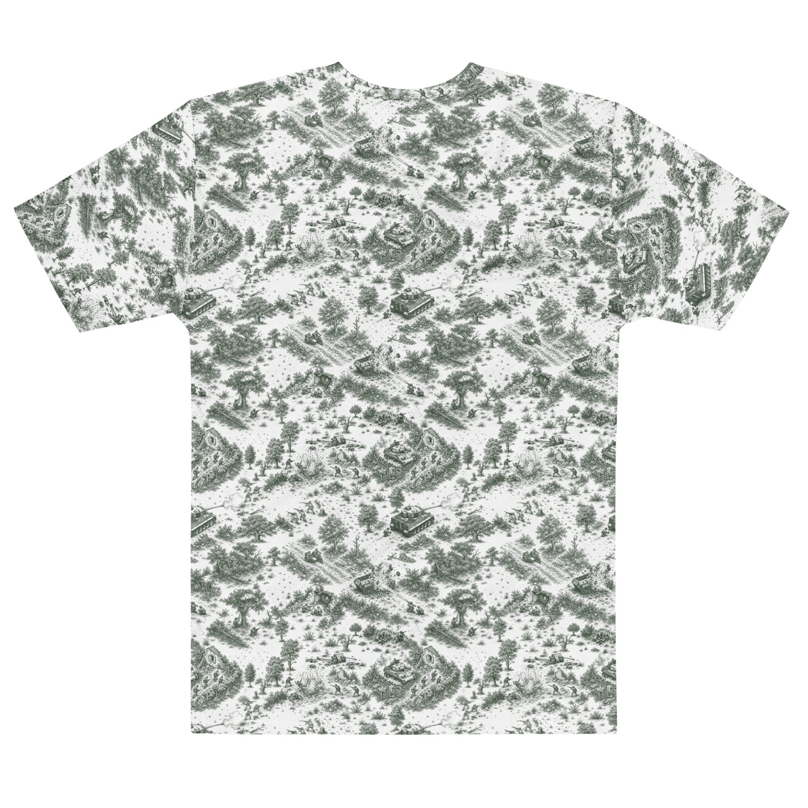 A short-sleeve crewneck t-shirt featuring an all-over green toile de Jouy pattern on a white background, shown flat against a solid white backdrop.