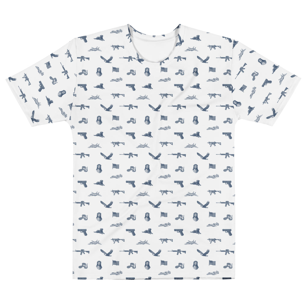 White t-shirt with blue gun and flag pattern on a white background