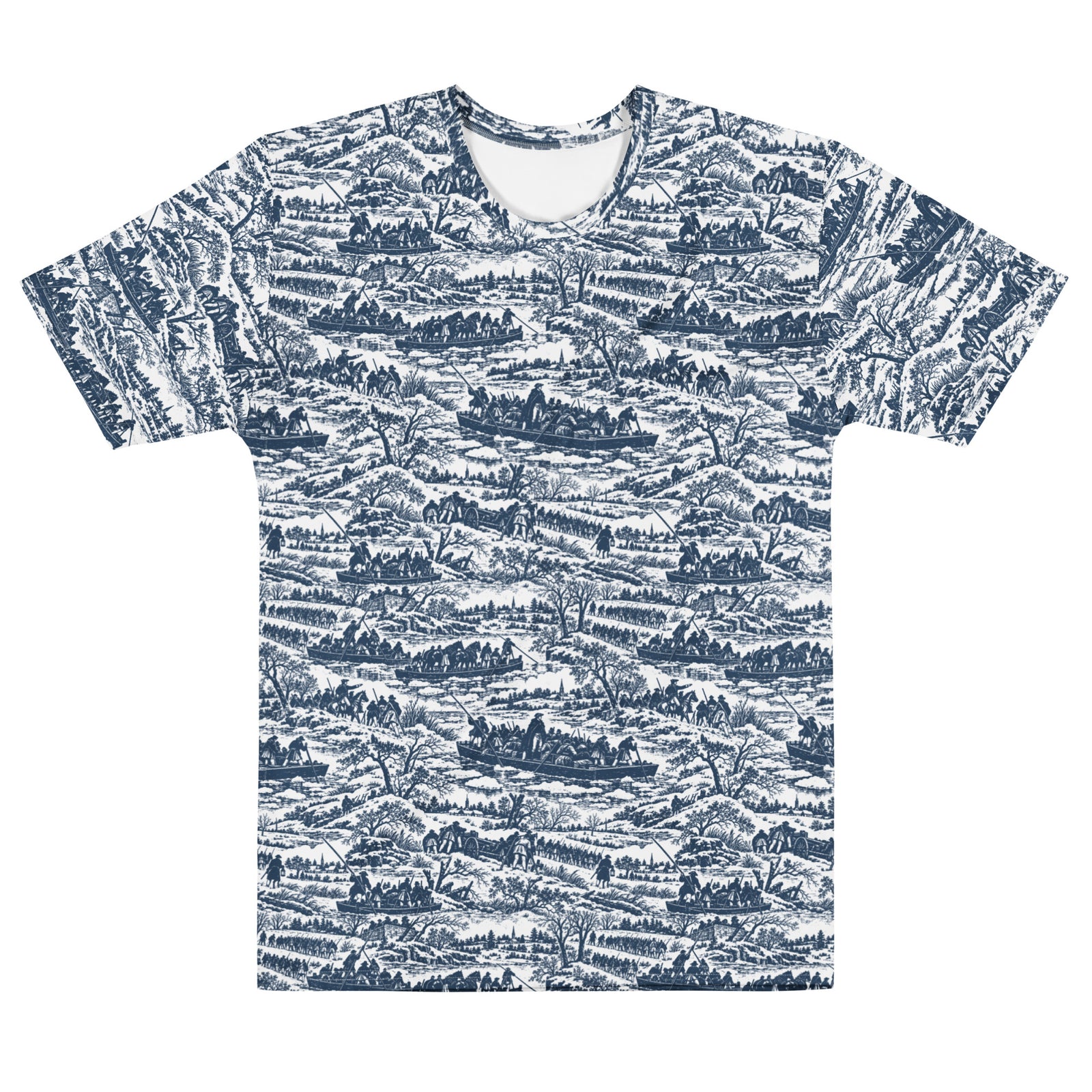 Front view of the Washington Crossing the Delaware blue-and-white historical pattern men’s T-shirt
