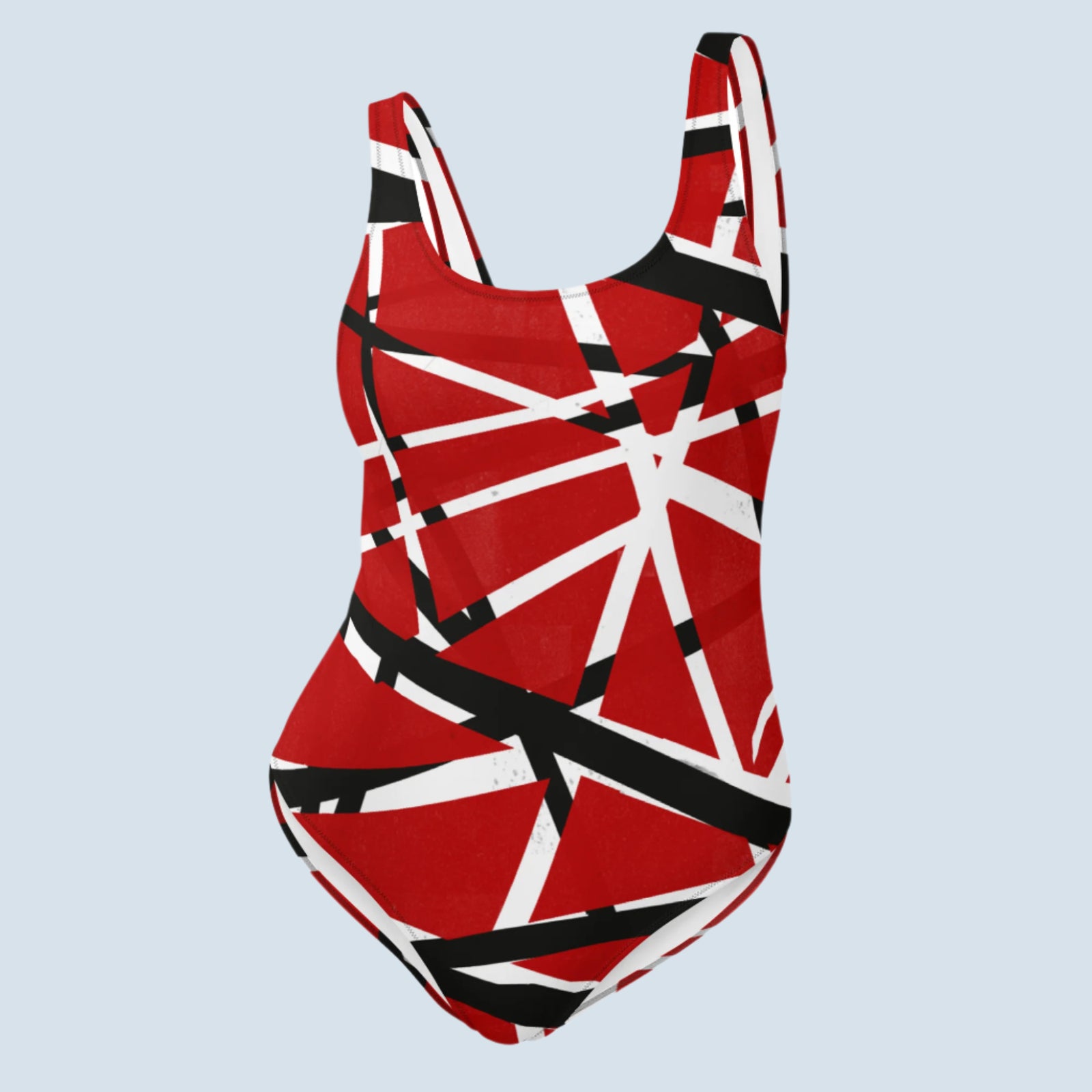 Red, black, and white geometric patterned Frankenstripe One-Piece Swimsuit on a white background