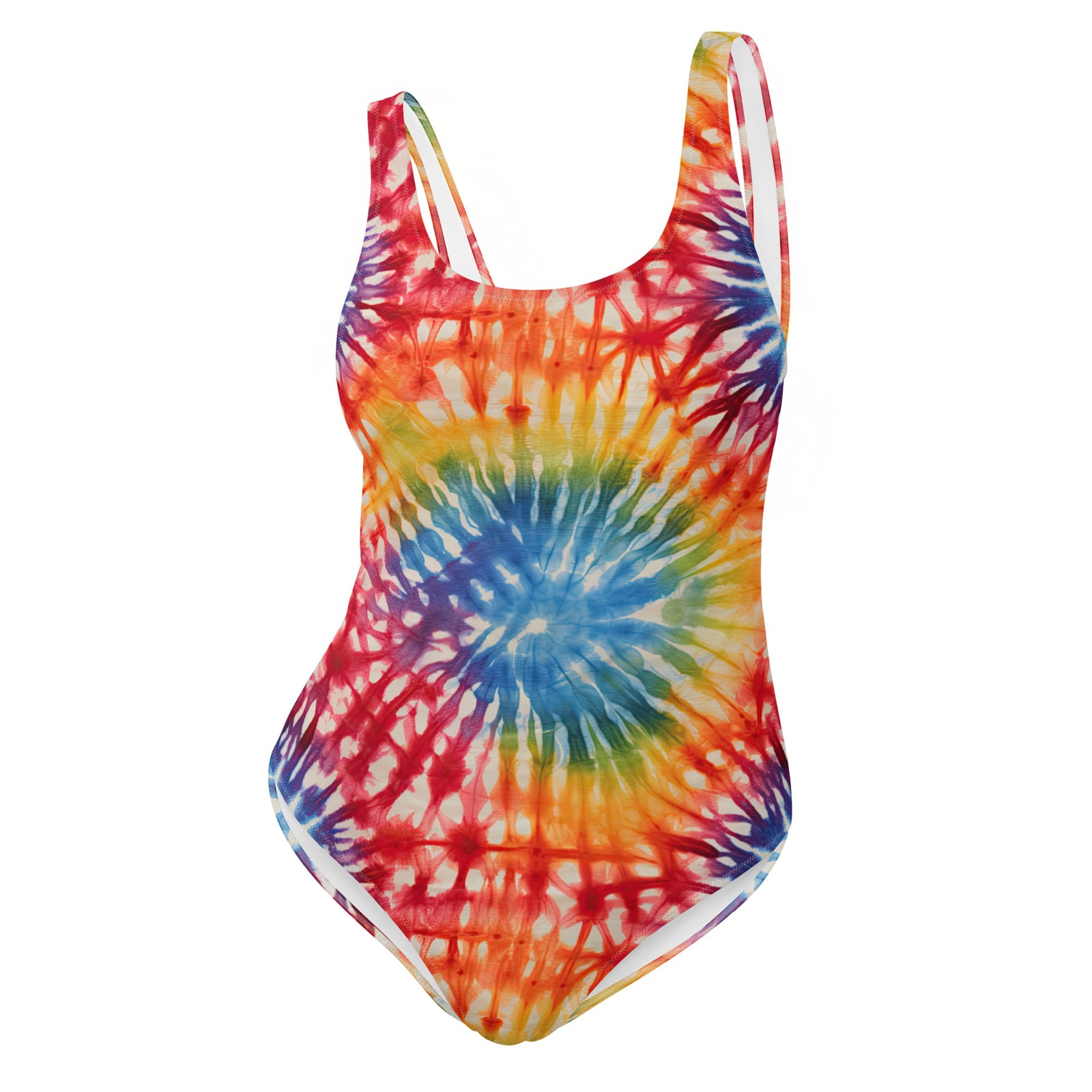 Tie-dye swimsuit with a colorful spiral pattern on a white background