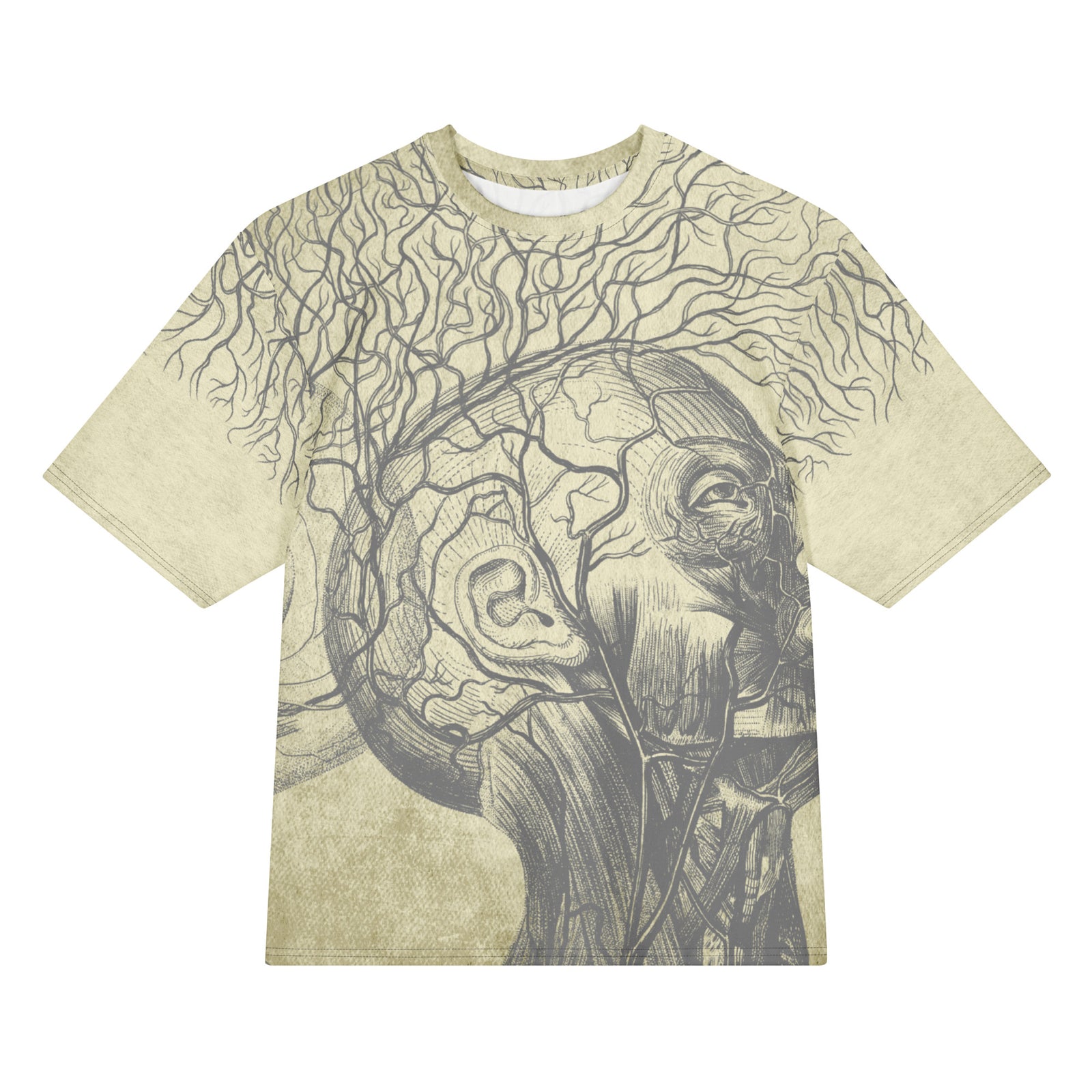 T-shirt with a detailed anatomical design of a head and brain on a beige background