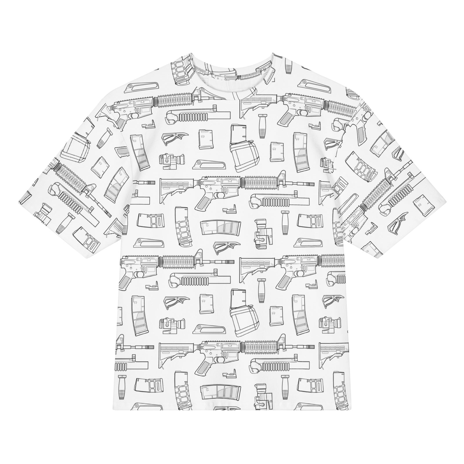 White t-shirt with black line art pattern of firearms and ammunition on a white background
