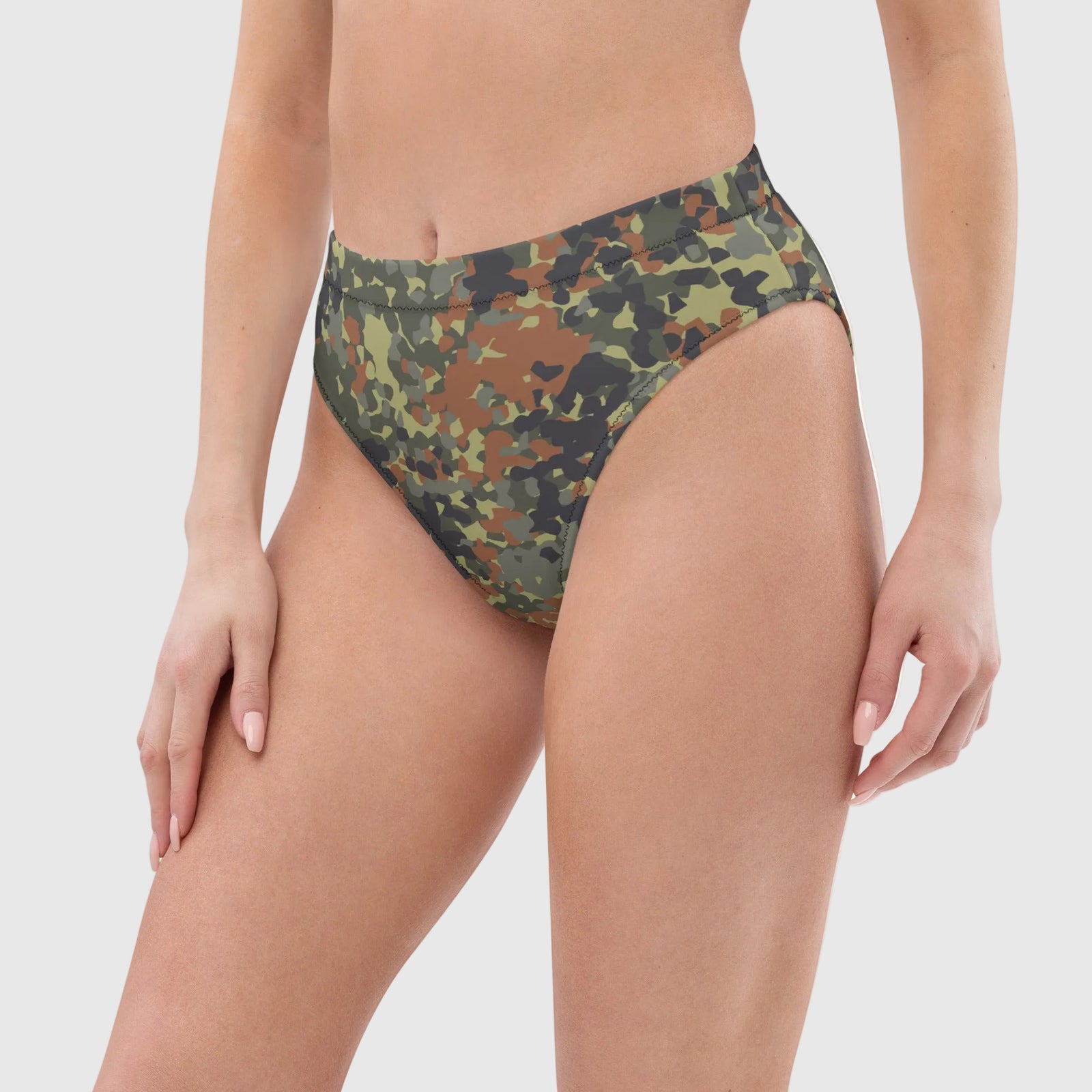 Camouflage-patterned bikini bottom on a white background