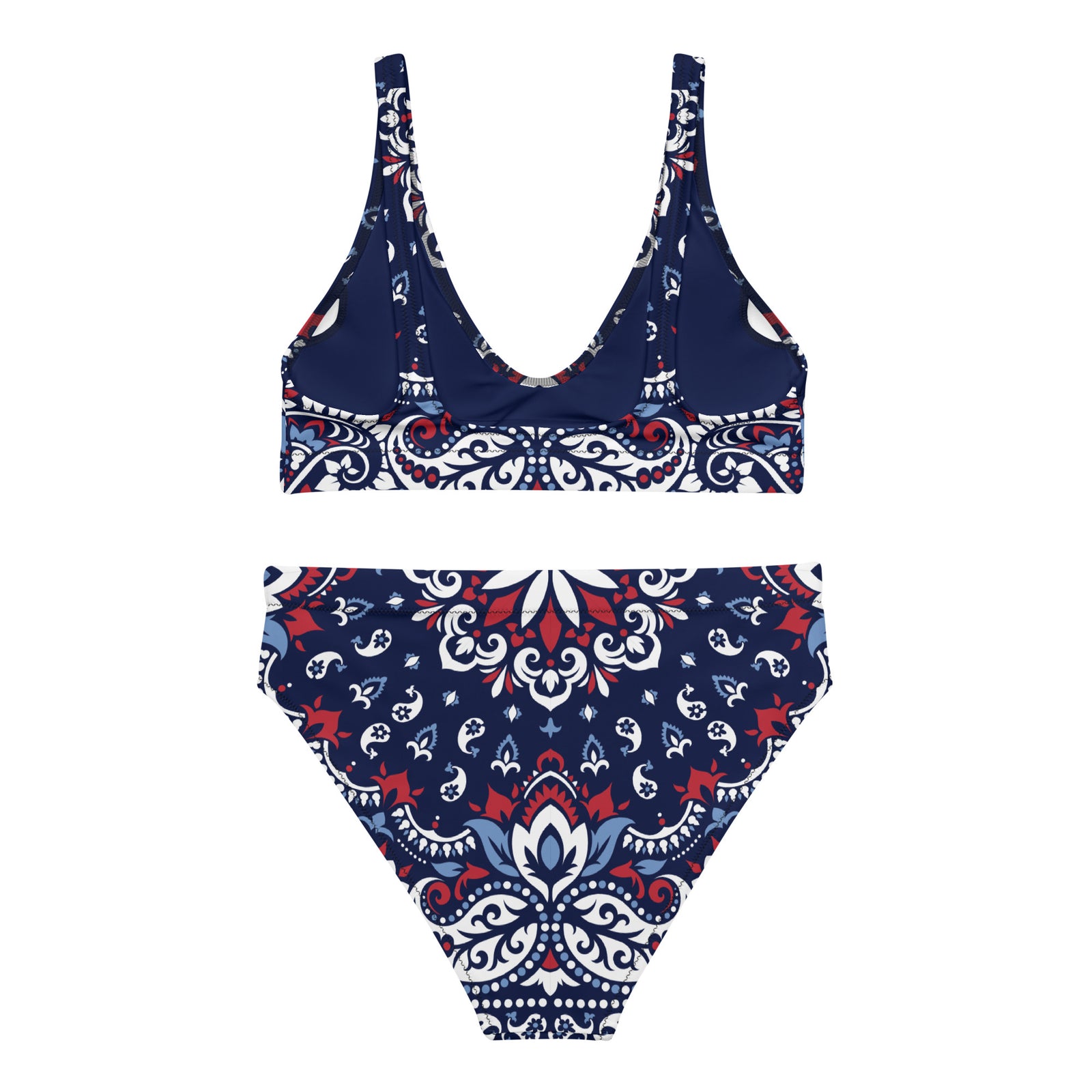 Navy blue, red, and white patterned swimsuit on a white background