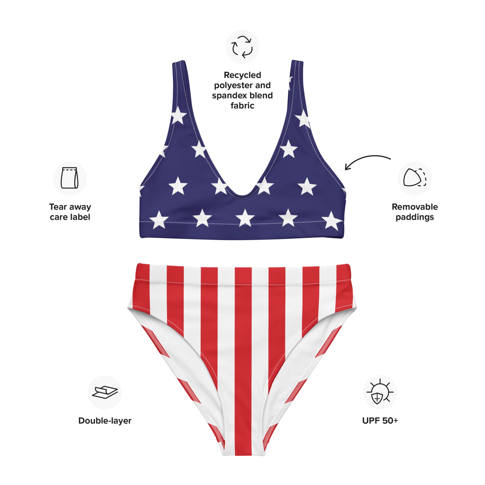American flag bikini set with features highlighted on a white background