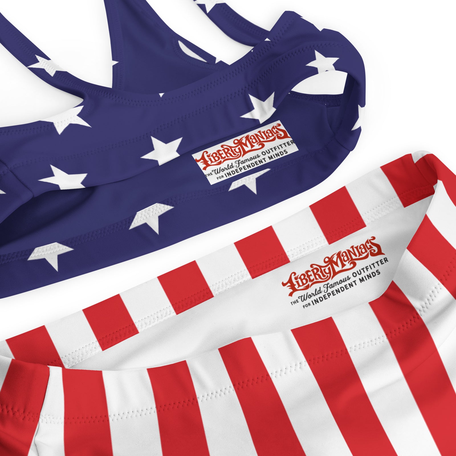 Two pieces of swimwear with American flag design and Liberty Maniacs branding.