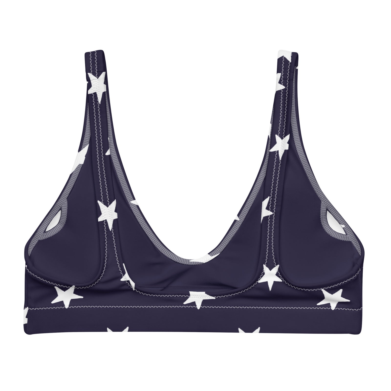 Navy blue bikini top with white star pattern on a white background