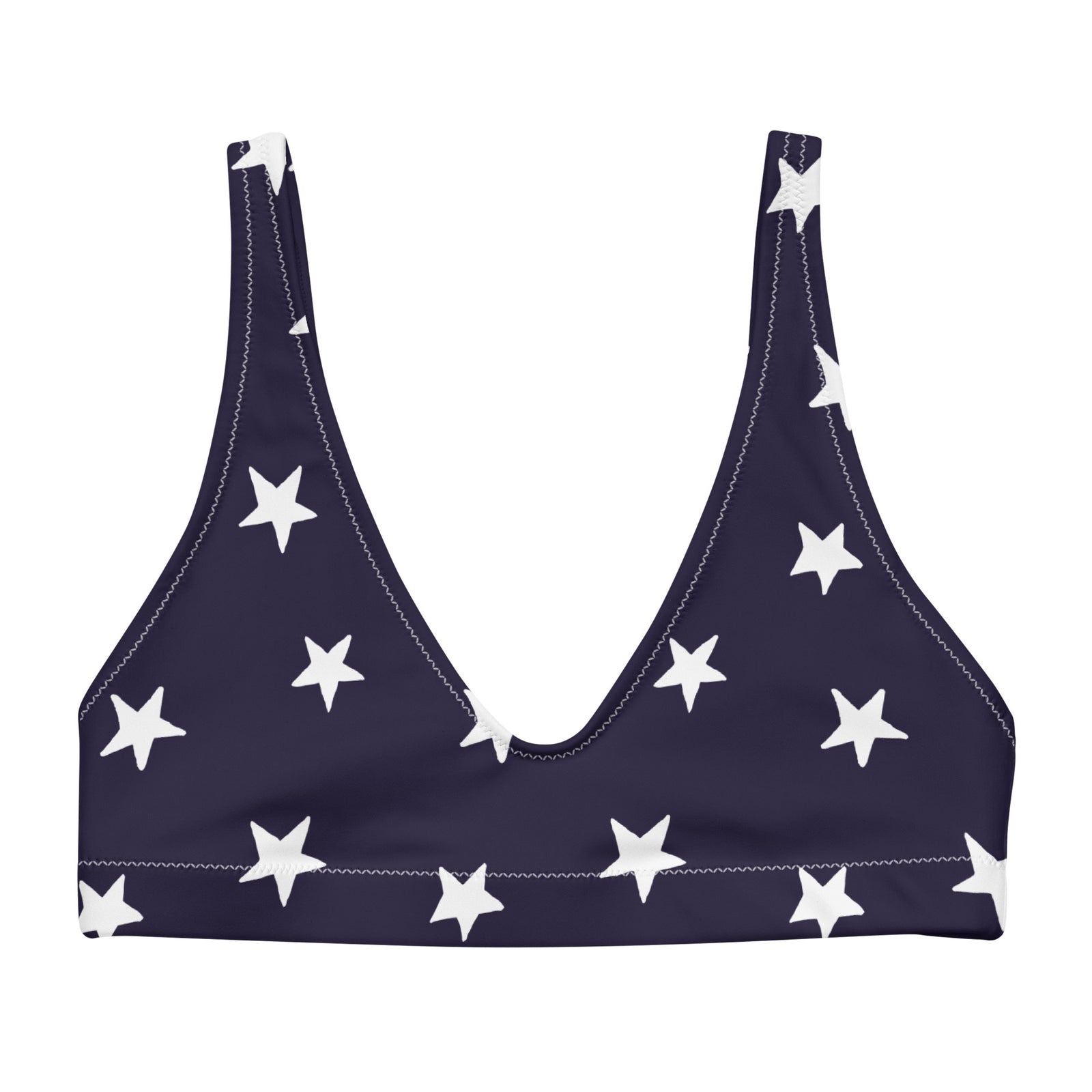 Navy blue bikini top with white star pattern on a white background