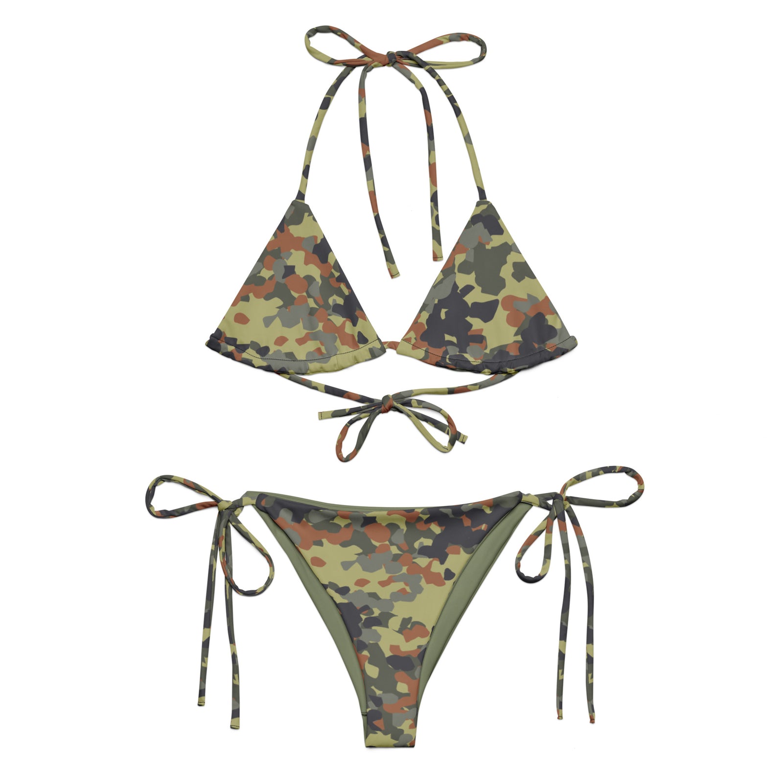 A bikini set with camouflage pattern, including a triangle top and a string bikini bottom, both with tie strings.