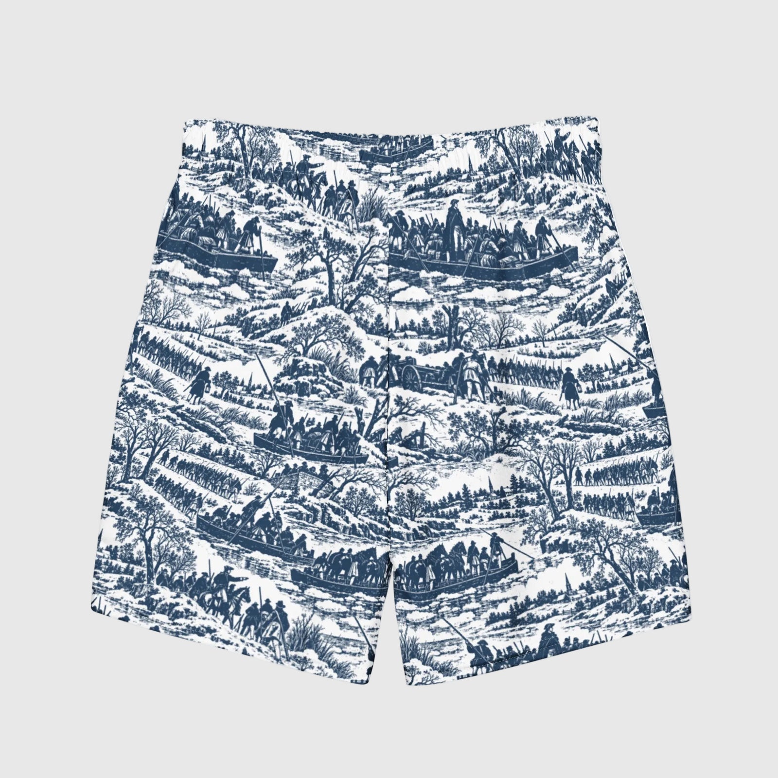 Back product view of the blue-and-white Washington Crossing the Delaware toile swim trunks