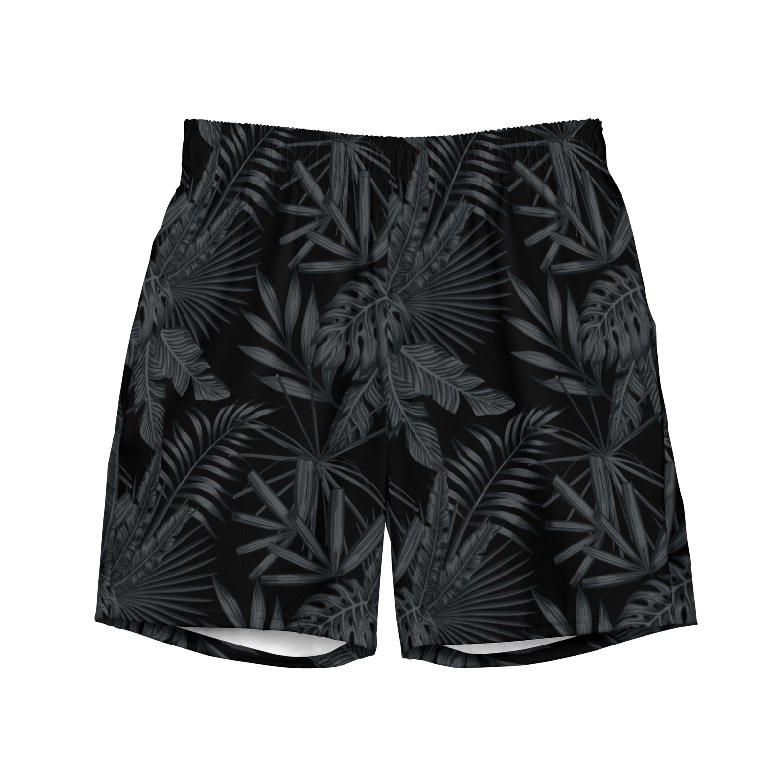Black shorts with tropical leaf pattern on a white background