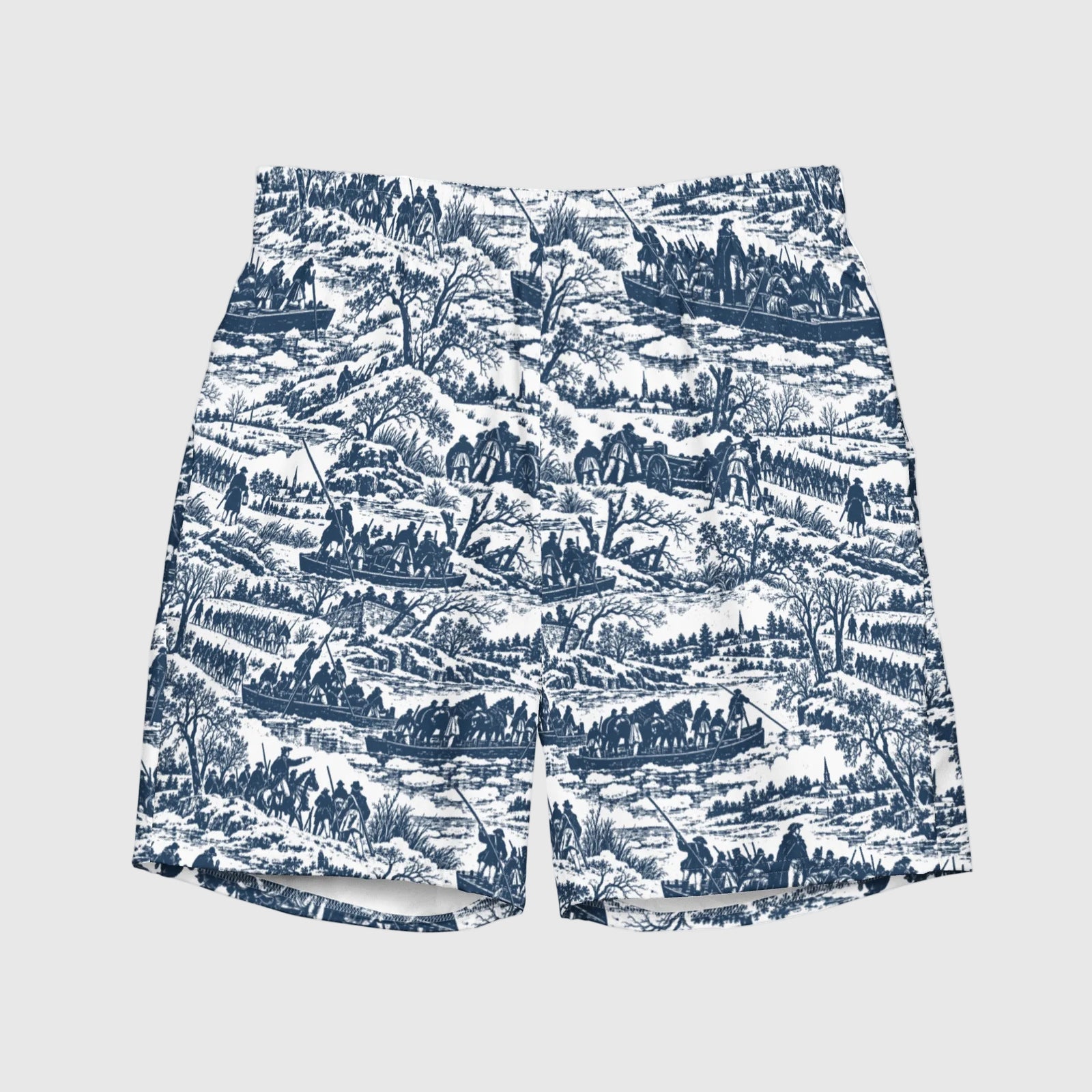 Front product view of the Washington Crossing the Delaware historical toile swim trunks