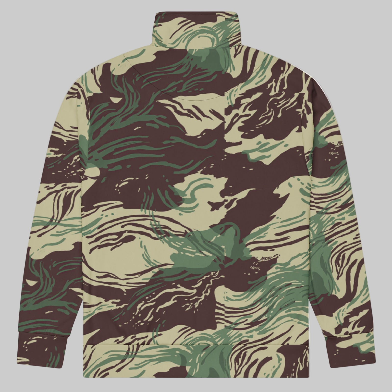 Back of Rhodesian Brushstroke Camo Track Jacket laid flat, full camouflage pattern visible