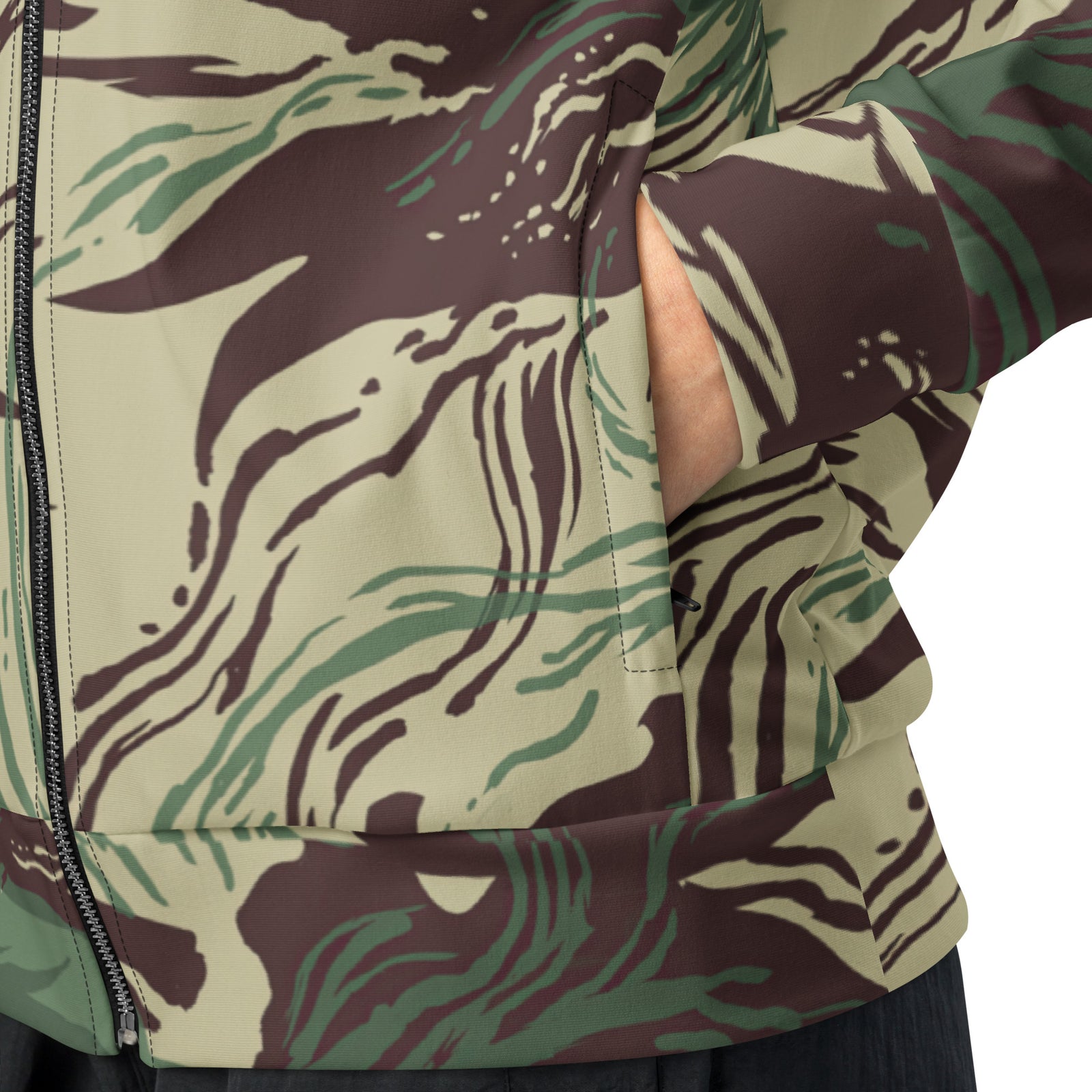 Model wearing Rhodesian Brushstroke Camo Track Jacket, straight-on view
